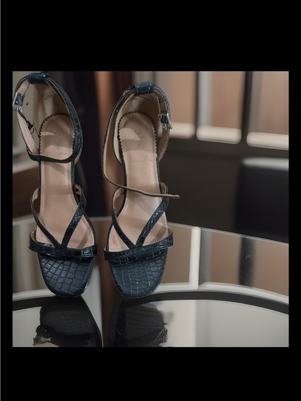 Crevo Black Croc-Embossed Strappy Block Heels